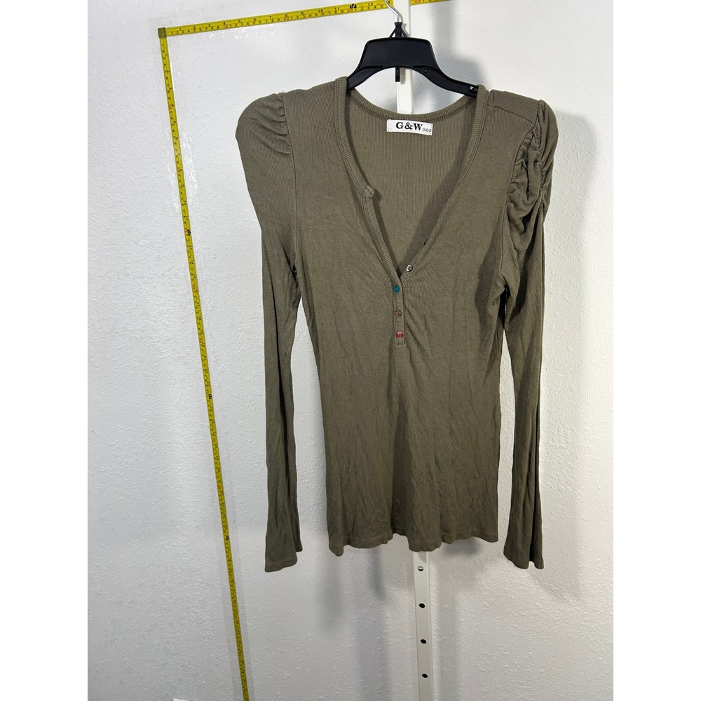 G&W GIGG Olive Green Ribbed Henley Puff Shoulder Long Sleeve Top Womens Medium
